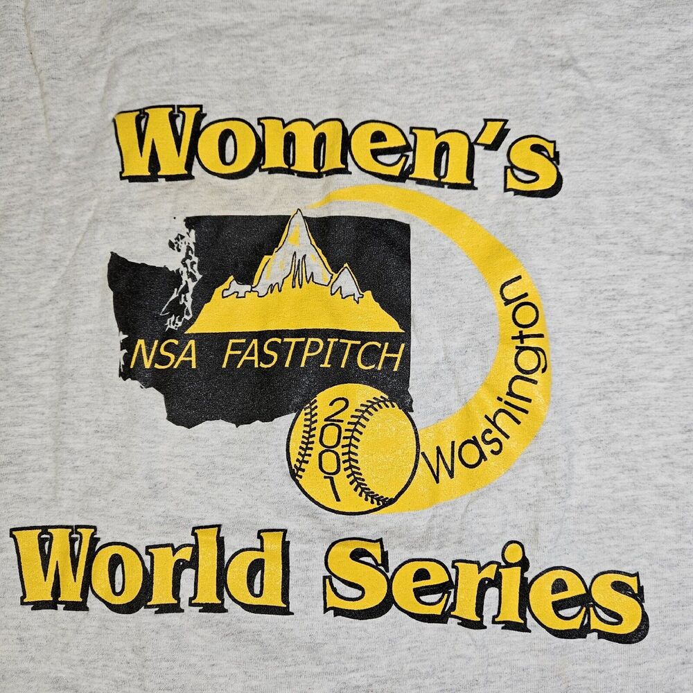 Vintage 2001 Womens World Series Graphic T-Shirt Med Gray Washington NSA Stained
